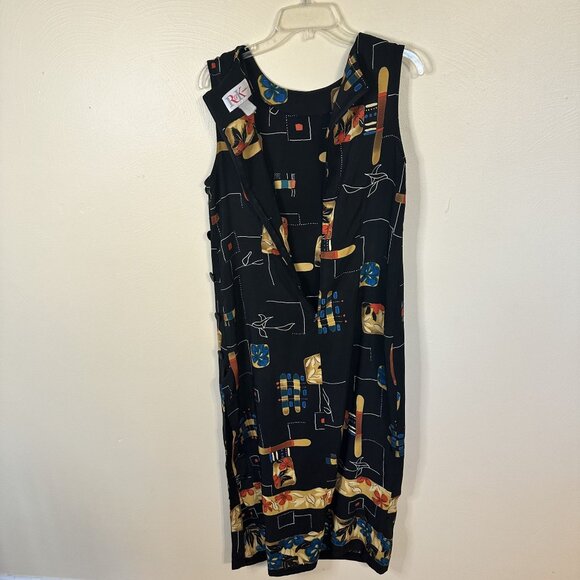Vtg Womens Black Midi Dress Abstract Floral Print Shift 90s Sleeveless Rayon - Picture 2 of 7
